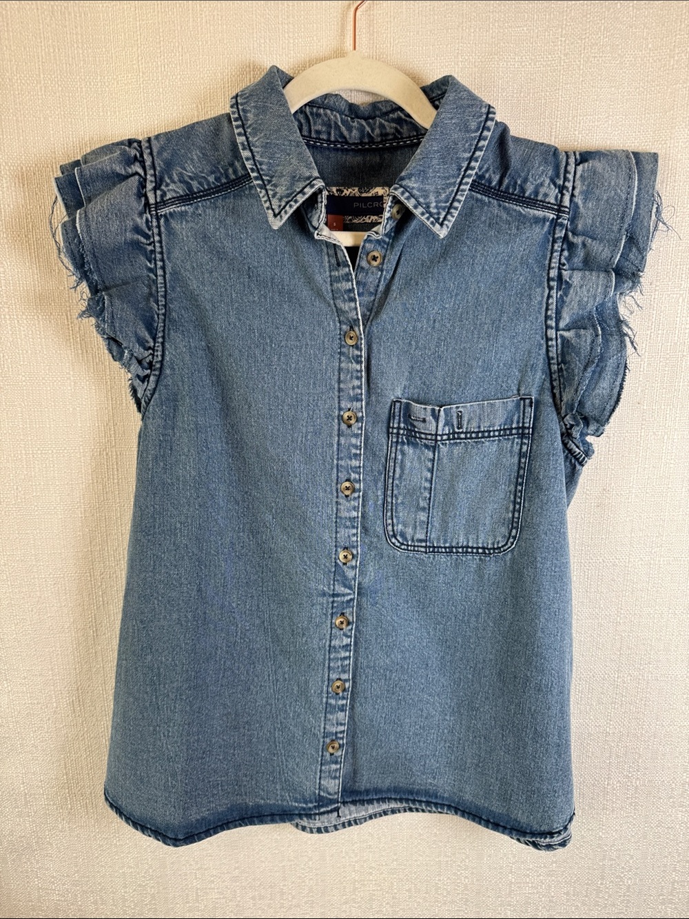 Pilcro Anthropologie Ruffle Sleeve Denim Button Down Shirt Small - Picture 2 of 10